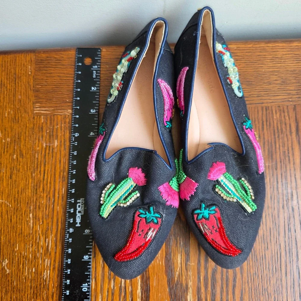 Kate Spade New York Denim Beaded Cactus Chili Pepper Loafers Flats Blue 6.5M